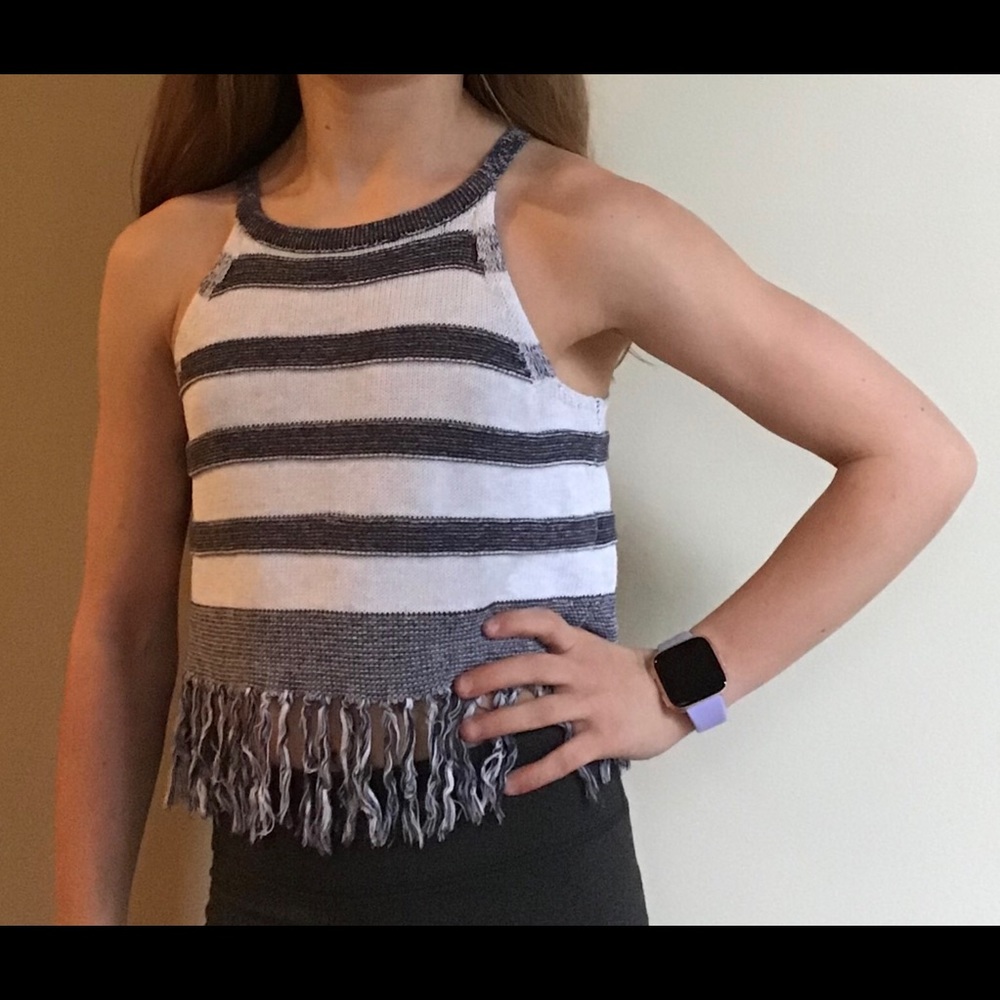 Size medium white and navy blue sweater material.